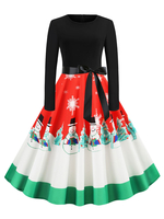 Weihnachten Vintage Kleid Juwelenhals Plissee geschichtet Langarm Ärmel Frau mittelgroßes Muster Rockabilly Kleid