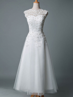 Weinlese-Hochzeits-Kleid-Tee-Längen-Juwel-Ansatz Sleeveless eine Linie natürliche Taillen-Tüll-Kurzschluss-Brautkleid
