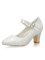 Weinlese-Hochzeits-Schuh-Elfenbein-runde Kappe Mary Jane Shoes Lace Bridal Shoes