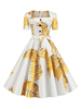 Weinlese-Kleid 1950 Blatt druckt mit eckigem Ausschnitt mit kurzen Ärmeln Swing-Kleid