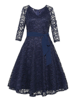Weinlese-Kleid 1950 Dark Navy Layered Lace Up lange Ärmel Jewel Neck Semi Sheer Retro-Kleid