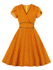 Weinlese-Kleid 1950 orange Layered Printed Plissee kurzen Ärmeln V-Ausschnitt Swing-Kleid