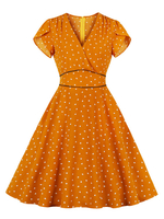 Weinlese-Kleid 1950 orange Layered Printed Plissee kurzen Ärmeln V-Ausschnitt Swing-Kleid