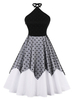 Weinlese-Kleid 1950 schwarze Tupfen-Layered-Bögen Ärmel Halter Swing-Kleid Abendkleid