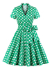 Weinlese-Kleid der 1950er Jahre mit V-Ausschnitt Lace Up Layered kurzen Ärmeln Grün knielangen Tupfen-Bogen-Sitz und Aufflackern-Kleid