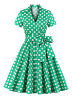 Weinlese-Kleid der 1950er Jahre mit V-Ausschnitt Lace Up Layered kurzen Ärmeln Grün knielangen Tupfen-Bogen-Sitz und Aufflackern-Kleid