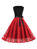 Weinlese-Kleid Jewel Neck Zipper Layered Ärmel Frau knielangen Stickerei Swing-Kleid