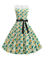 Weinlese-Sommer-Kleid 1950 Clover-Druck-Sleeveless Kleid-Schwingen