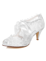 Weisse Spitzen Bänder Peep-Toe-Hochzeits-Pumpen für Frauen