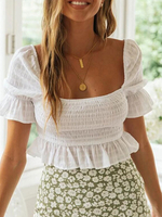 White Crop Top Vierkanthals Rüschen Sexy Puff Ärmel Tops