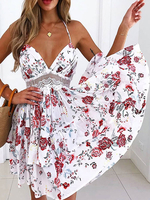 White Floral Sommerkleid Spaghetti-Trägern Lace Layered Backless Skater Dress