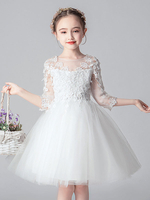 White Flower Girl Kleider Jewel Neck 3/4 Länge Ärmel ausgeschnitten Formale Kinder Festzug Kleider
