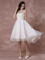 White Prom Kleider 2020 Short Elfenbein High Low Brautkleid Spitze Applique Back Design Illusion Knielänge Heimkehr Kleid Milanoo