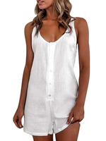 White Straps Neck Ärmellose Knöpfe Baumwollmischung Straight Summer One Piece Outfit