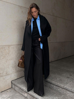 Wickel-Trenchcoat mit Revers schrägen Taschen Wintermantel aus Wollmischung in voller Länge