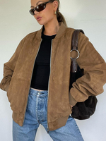 Wildleder-Bomberjacke Braun Stehkragen Reißverschluss Übergroße Frühlingsoberbekleidung für Damen 2025