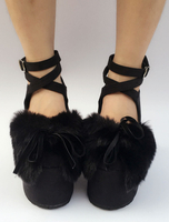 Wildleder Lolita Schuhe Schwarz Plattform klobige Ferse Kunstfell Bow Cross vorne Ankle Strap Lolita Pumpen