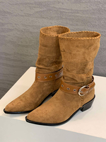 Wildleder-Stiefeletten für Damen spitze Zehenpartie flache Stiefel mit Schnallendetail
