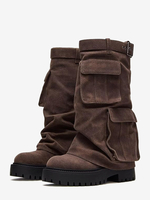 Wildlederstiefel mit mittlerer Sohle Damen-Plateaustiefel mit runder Zehenpartie Schnallendetail Reitstiefel mit Taschen