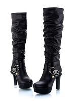 Winter Frauen Stiefel PU Oberen Reißverschluss Metall Details Schwarz Chunky High Heel Kniehohe Stiefel