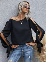 Woemn Bluse Schwarz Polyester Jewel Neck Kurzarm Ärmel Casual Summer Tops