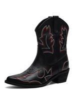 Woman Embroidered Leather Cowboystiefel Cowhide Pointed Toe Block Ferse Mittlere Wadenstiefel