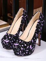 Woman Heels Black Plateau Pumps mit runder Zehe und bedrucktem Stiletto-Absatz
