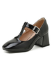 Womans High Heels Schwarz Patent PU T-Typ Bandage Square Toe Chunky Heel Schnalle Casual Vintage Schuhe