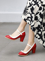 Womans Mid Low Heels Rote runde Zehen PU-Leder Schnür Chunky Heel Elegante Pumps