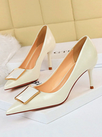 Womans Mid Low Heels Spitzspitze Stöckelabsatz Metall Details Weiß Fantastische Pumps