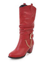 Women Wide Wadenstiefel Red Slip aus Boots Round zehe Metall Detail Mitte Kalb Stiefel
