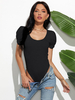 Womens Black Bodysuit Kurzarm Plissee Jewel Neck Casual Cotton Top
