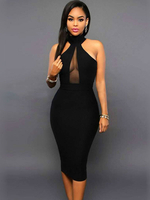 Womens Black Club Kleid V-Ausschnitt Ärmelloses Polyester Cupless Sexy Bodycon Kleid mit Ausschnitt