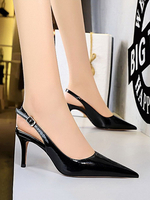 Womens Black Mid Low Heels Spitzspitze PU-Leder Schnüren Hübsche Pumps Stiletto Heels