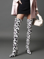 Womens Black Over The Knee Stiefel Leder Pointed Toe Chunky Heel Boot