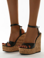 Womens Black Wedge Sandals Erstaunliche PU-Leder Square Toe Wedge Heel Sommersandalen