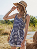 Womens Blue Plaid Straps Hals Ärmellose Rüschen Spaghettiträger Baumwolle Loose Summer Playsuit