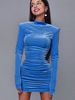 Womens Bodycon Kleider Blau High Collar Plissee Langarm Sexy Bleistiftkleid