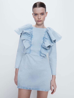 Womens Bodycon Kleider Blue Long Sleeves Rüschen Backless Midi Casual Dress Etuikleid