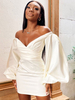 Womens Bodycon Kleider White Puffer Langarm Plissee Sexy Bateau Neck Backless Slim Fit Kleid Etuikleid