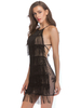 Womens Club Dress Black Fringe Ärmelloses Polyester Backless Lace Up Schwarz Sexy Midi Kleid