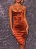Womens Club Kleid Brown Straps Neck Plissee Ärmelloses Polyester Sexy Bodycon Cami Kleid