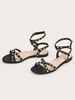 Womens flache Sandalen Black PU-Leder-Quadratzehe atmungsaktive flache tägliche lässige Sandalen