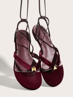 Womens flache Sandalen Burgund Chic PU-Leder Lace up täglich lässig Gladiator Schuhe