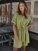 Womens Green Playsuit V-Ausschnitt Kurzarm Schärpe Oversized Polyester Summer One Piece Outfit
