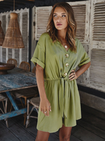 Womens Green Playsuit V-Ausschnitt Kurzarm Schärpe Oversized Polyester Summer One Piece Outfit