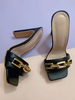 Womens Heeled Slipper Schwarz PU Leder Open Toe Slip-On Chunky Heel Sandale Slipper