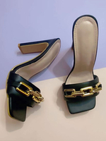 Womens Heeled Slipper Schwarz PU Leder Open Toe Slip-On Chunky Heel Sandale Slipper