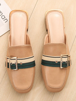 Womens Maultiere Aprikosen-PU-Leder-Quadrat-Zehe Slip-On-Welpen-Ferse Freizeitschuhe