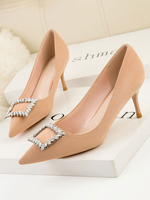 Womens Mid-Low Heels Chic-Spitz-Zehe Stiletto-Fersen-Rhinestones hübsches Fleisch-Farbpumpen abende Fersen